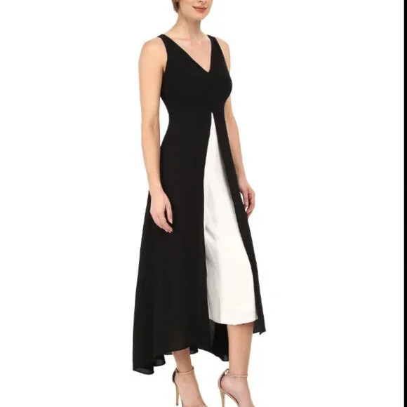 White House Black Market V Neck Jumpsuit Black and White Cocktail Attire Overlay - Picture 1 of 5